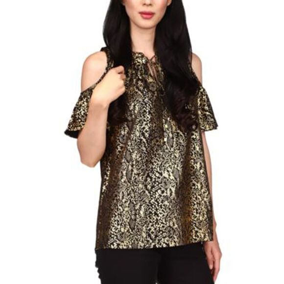 Michael Kors Snakeskin-print Cold-shoulder Top In Black/gold Black/Gold - Picture 2 of 3